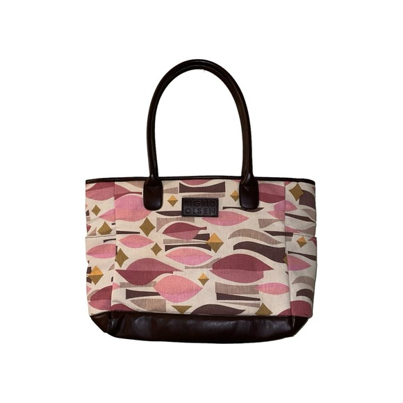 SIGRID OLSEN Pastel Neutral Print Canvas Brown Leather Shoulder Tote Bag - Picture 1 of 8